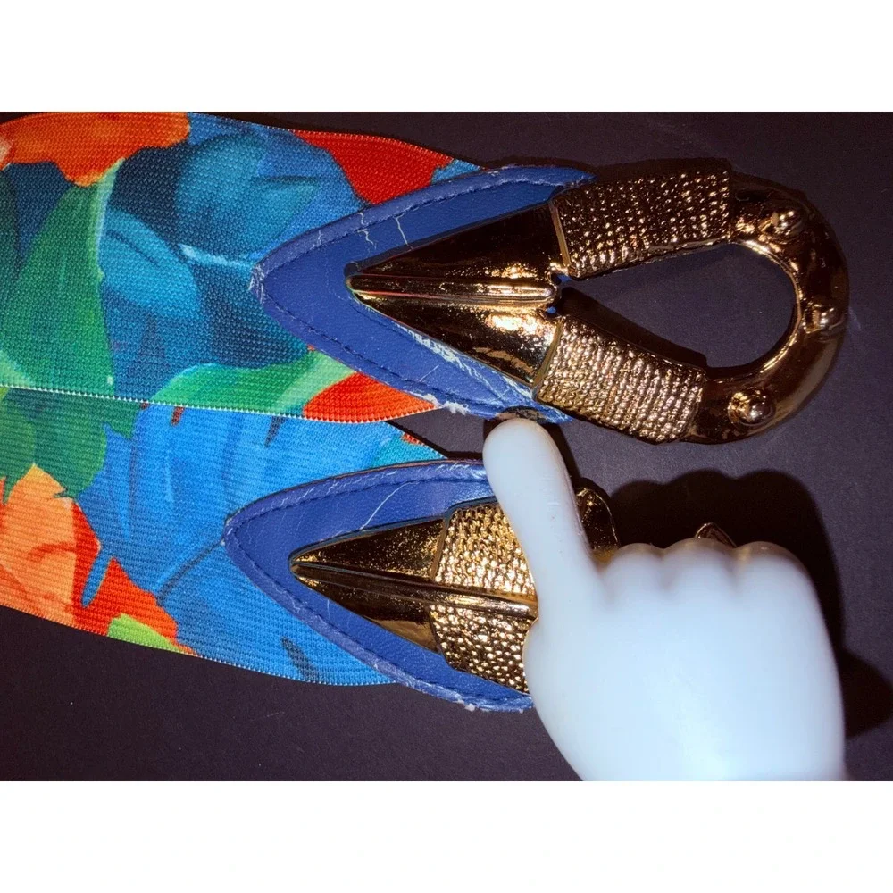 Vintage‎ 80's Tropical Floral Elastic Cinch Belt Gold Buckle XL Made in USA
